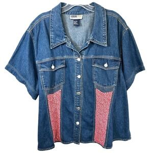 VTG Adriana Plus Size 26 Denim Top Y2K Button Red Floral Patchwork Western 1586